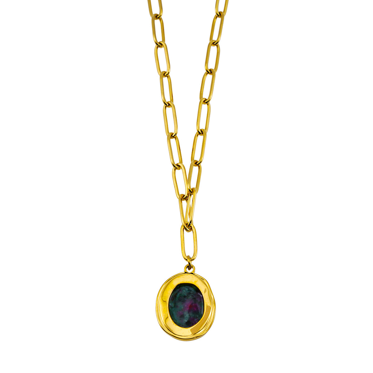 ASAMI Gold: Contemporary Paperclip Chain anchoring a Ruby Zoisite Oval Pendant