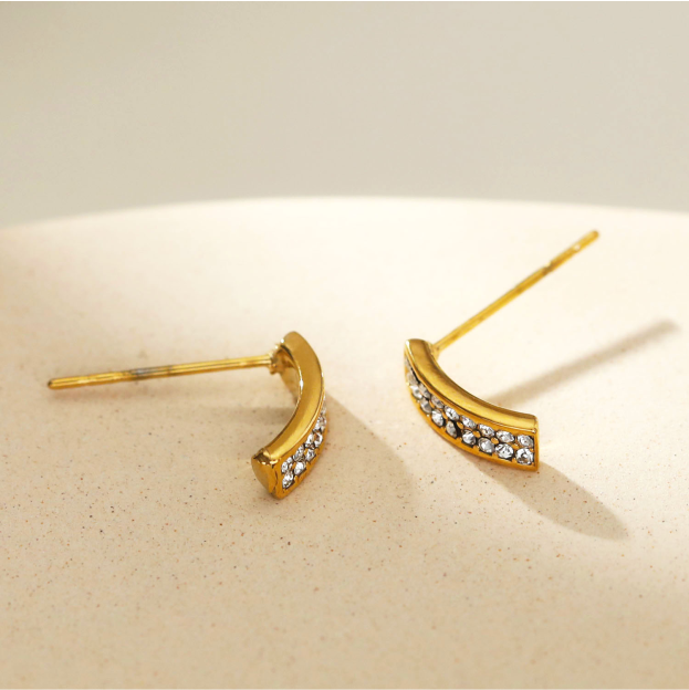 ASTRID: Minimalist Pavé Zirconia Curved Bar Stud Earrings Gold