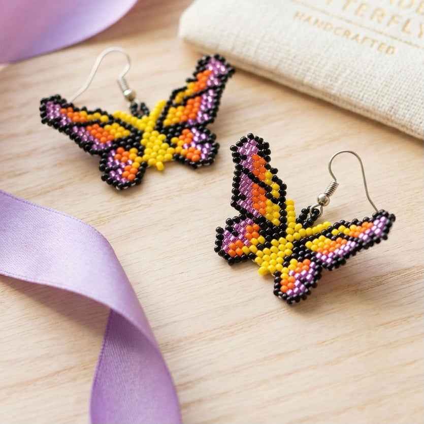 Yellow Purple Butterfly Beaded Earrings