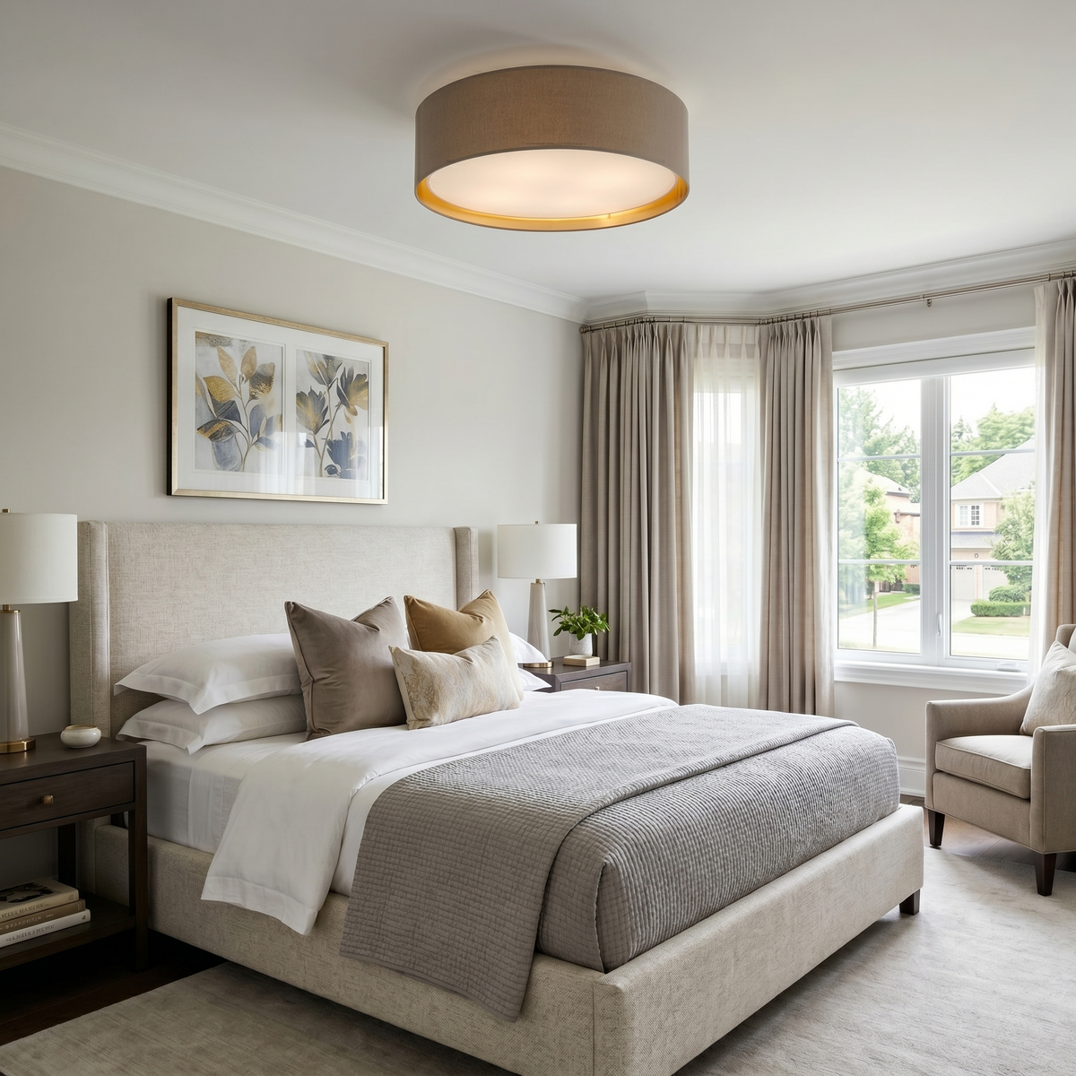 BILBAO Gold & Linen Large Flush Mount Ceiling Light for Bedroom, Hallway & Living Room