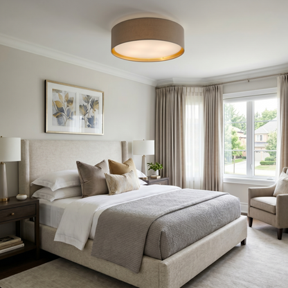 BILBAO Gold & Linen Large Flush Mount Ceiling Light for Bedroom, Hallway & Living Room