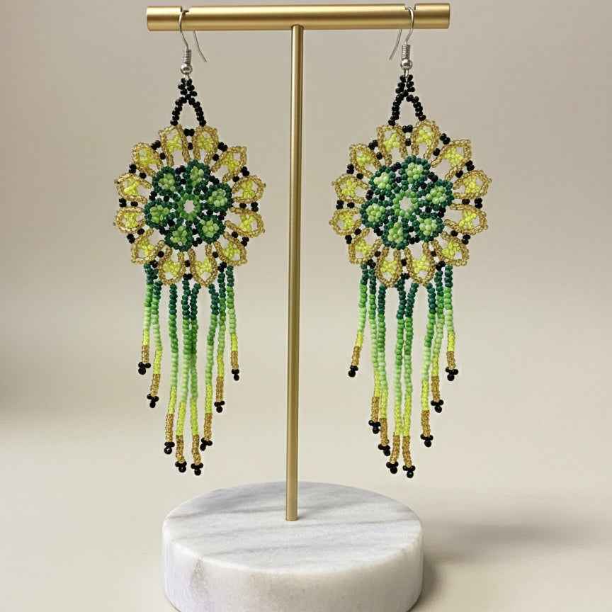 Dark Green  Flower beaded Earrings