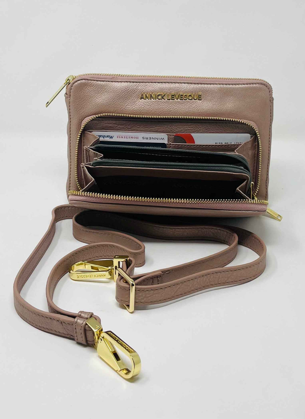 Petit Sac à Main-Portefeuille en Cuir Véritable Rose Platine, Carmen