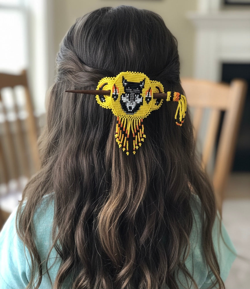 Wolf Fringed Beaded Barrette & Wooden Stick