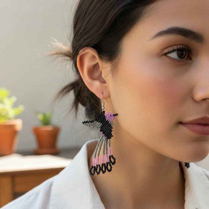 Handmade Beaded Hummingbird Earrings -& Purple and black