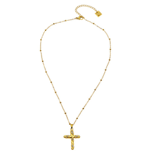 CHAMONIX Gold: Dainty Beaded Chain Necklace with a Zirconia Embedded Textured Cross Pandent