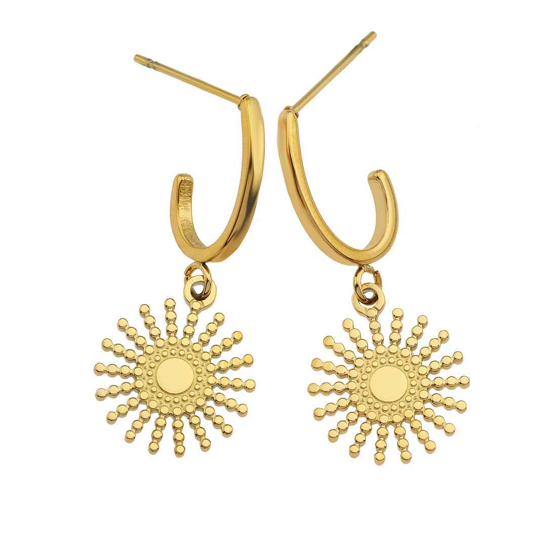 CHARLIE Gold: Semi Hoops with a Sun Symbol Charm