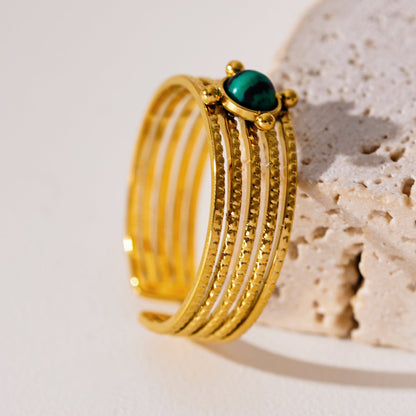 CHARMA: 5-Layer Circle Embossed Ring with a Malachite Stone Centre Piece