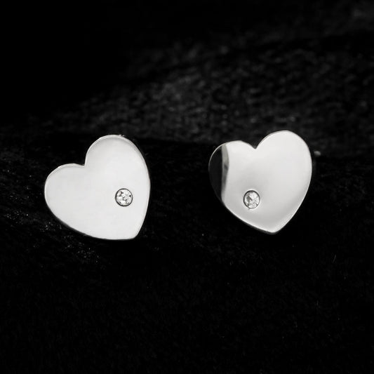 CUORE: Silver Toned White Gold Heart Shaped Solitaire Zirconia (CZ) Stud Earrings