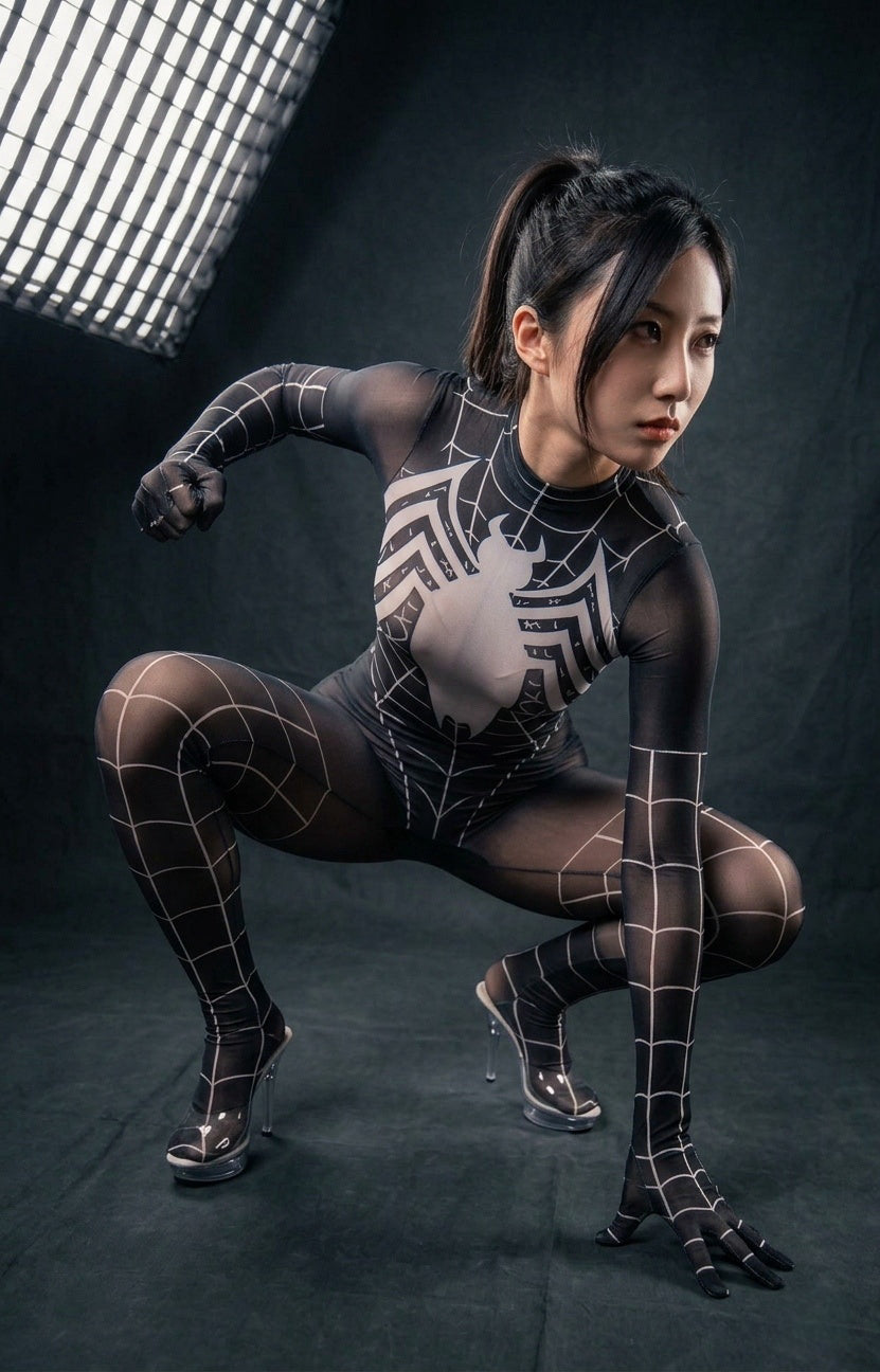 Symbiote Spider Girl Sheer 10D Nylon Full Bodysuit Body Stocking Lingerie