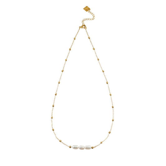 DAMINNA Gold: Dainty Beaded Chain Necklace with Freshwater Pearl Trio