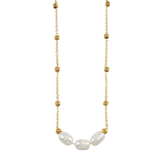DAMINNA Gold: Dainty Beaded Chain Necklace with Freshwater Pearl Trio