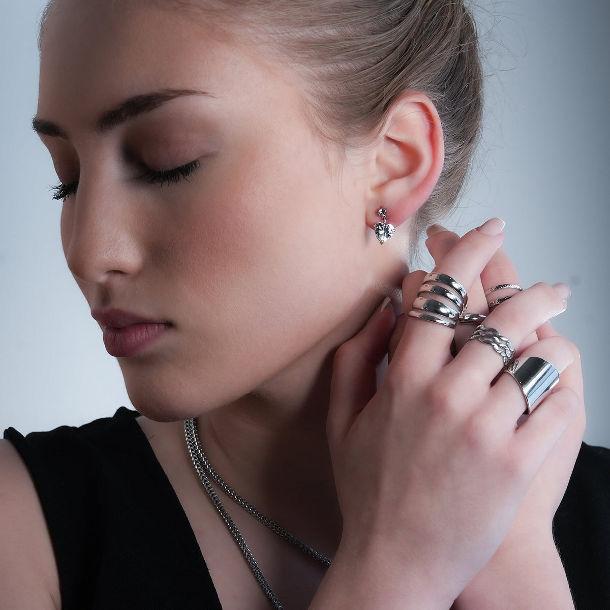 DAROCCA Silver (White Gold): Large Heart Shaped & Mini Solitaire Round Shaped Zirconia Combo Studs