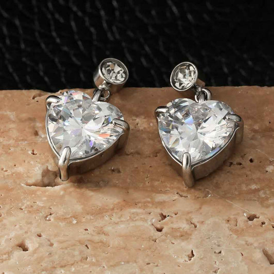 DAROCCA Silver (White Gold): Large Heart Shaped & Mini Solitaire Round Shaped Zirconia Combo Studs