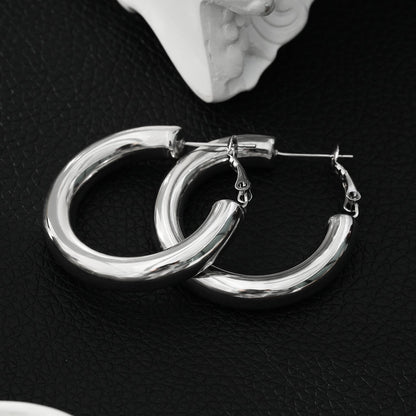 DERIVIER Silver (White Gold): Semi-Wide Essential Hoop Earrings (3.5cm)