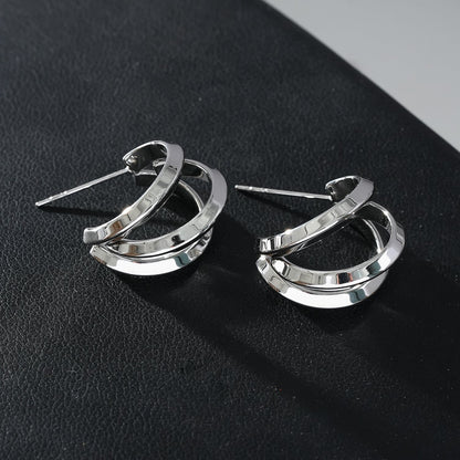 GRIZZANA: Triple Banded Hoop Earrings in Silver