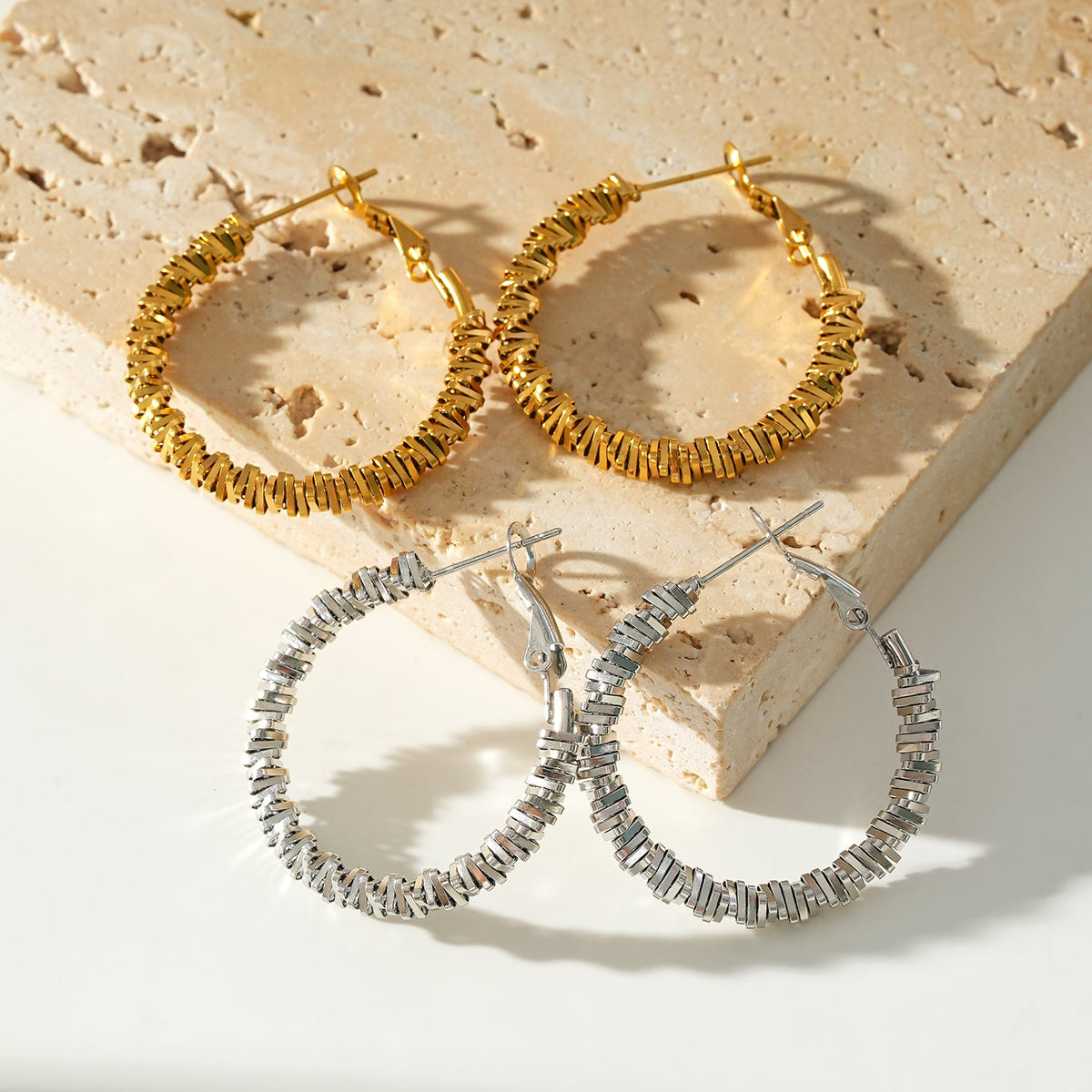 SPRINGDALE Gold: Textured Geometric Square Beaded Hoop Earrings