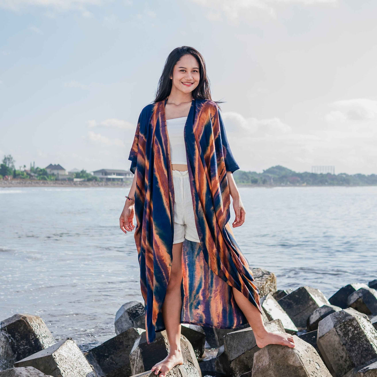 Navy & Gold Abstract Tie Dye Long Kimono