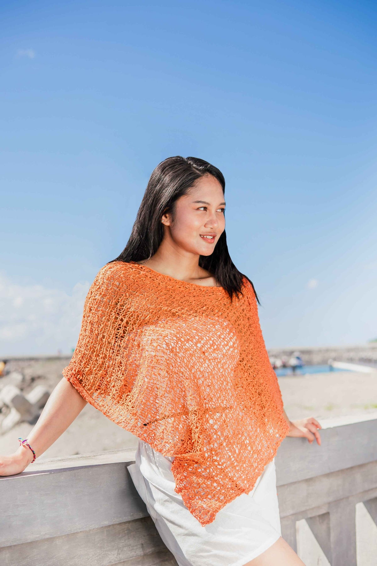 Short Popcorn Knit Poncho - Orange