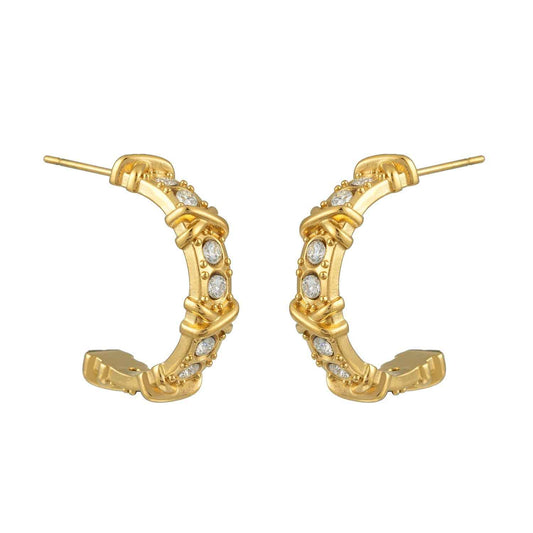 ELICA Gold: Zirconia Embedded Hoop Earrings with Ornate Detail &  Crisscross Accents
