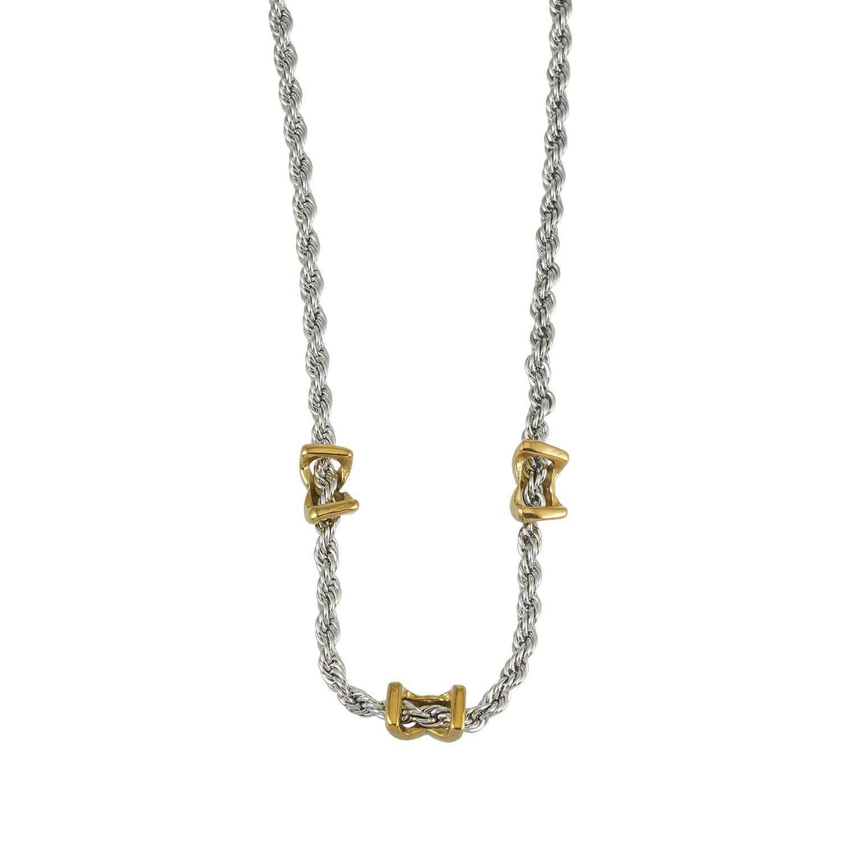 COSMINA Mixed Metals: Silver Rope Chain Necklace with Triple Mini Gold Criss-Cross Charms