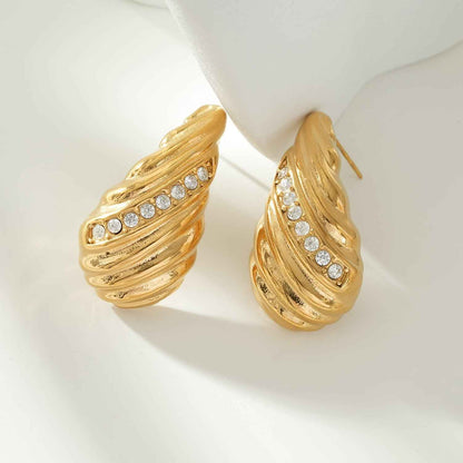 CAASHA Gold: Teardrop Statement Stud Earrings with Textured Lines & Pavé Zirconia Center