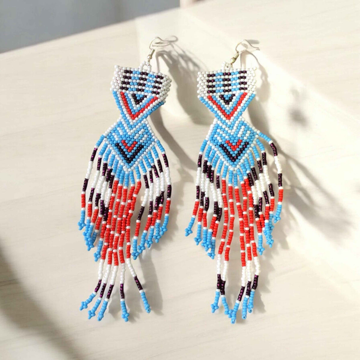 Red and blue Sunset Path Beaded Earrings