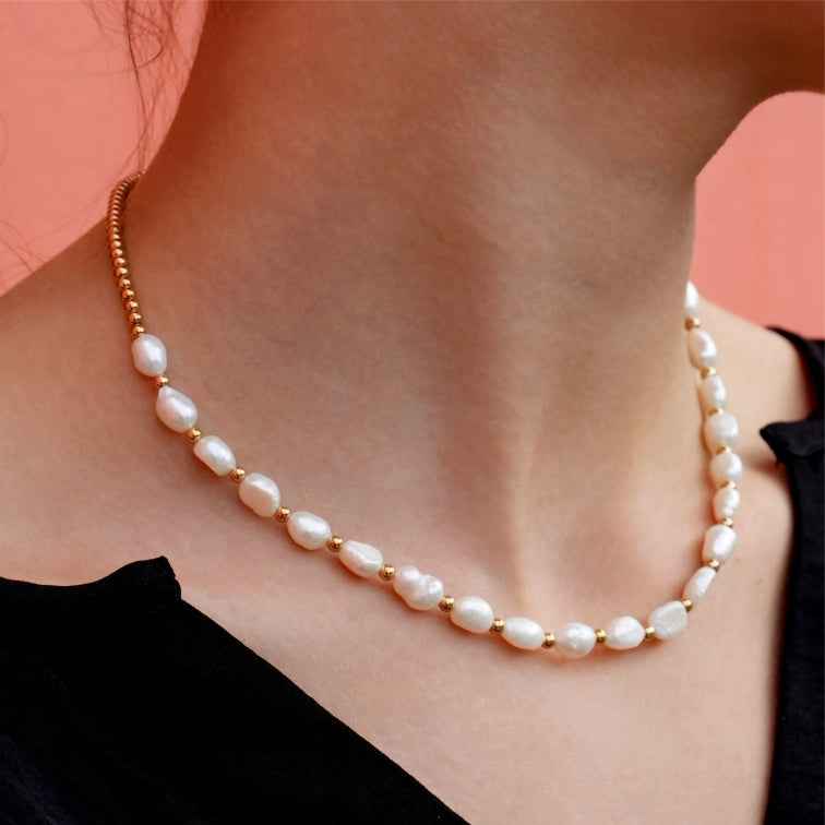 ELISA: Fresh Water Pearls & Gold Beaded Chain Necklace