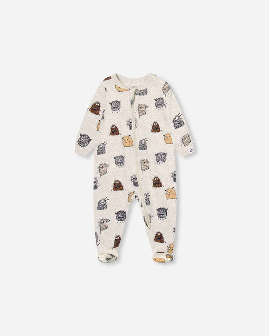Organic Cotton One Piece Pajama Heather Beige Printed Monsters