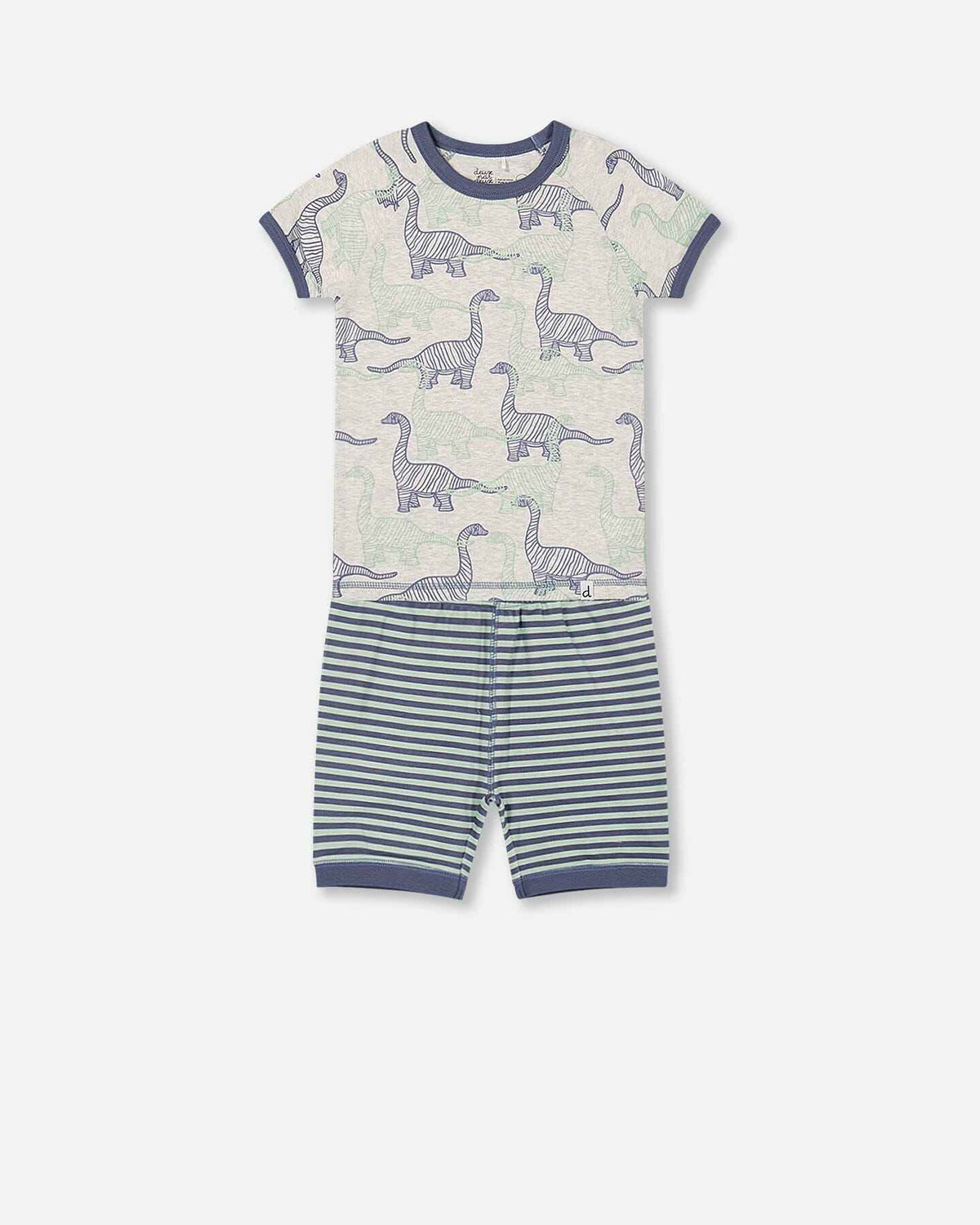 Organic Cotton Two Piece Short Pajama Set Heather Beige Printed Dinosaurs