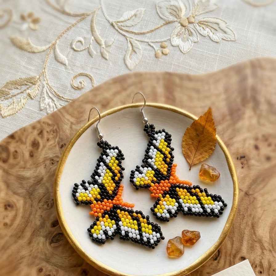 Orange and white Butterfly Beaded Earrings