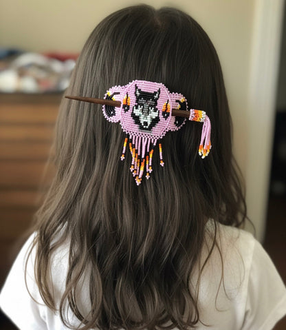 Wolf Fringed Beaded Barrette & Wooden Stick