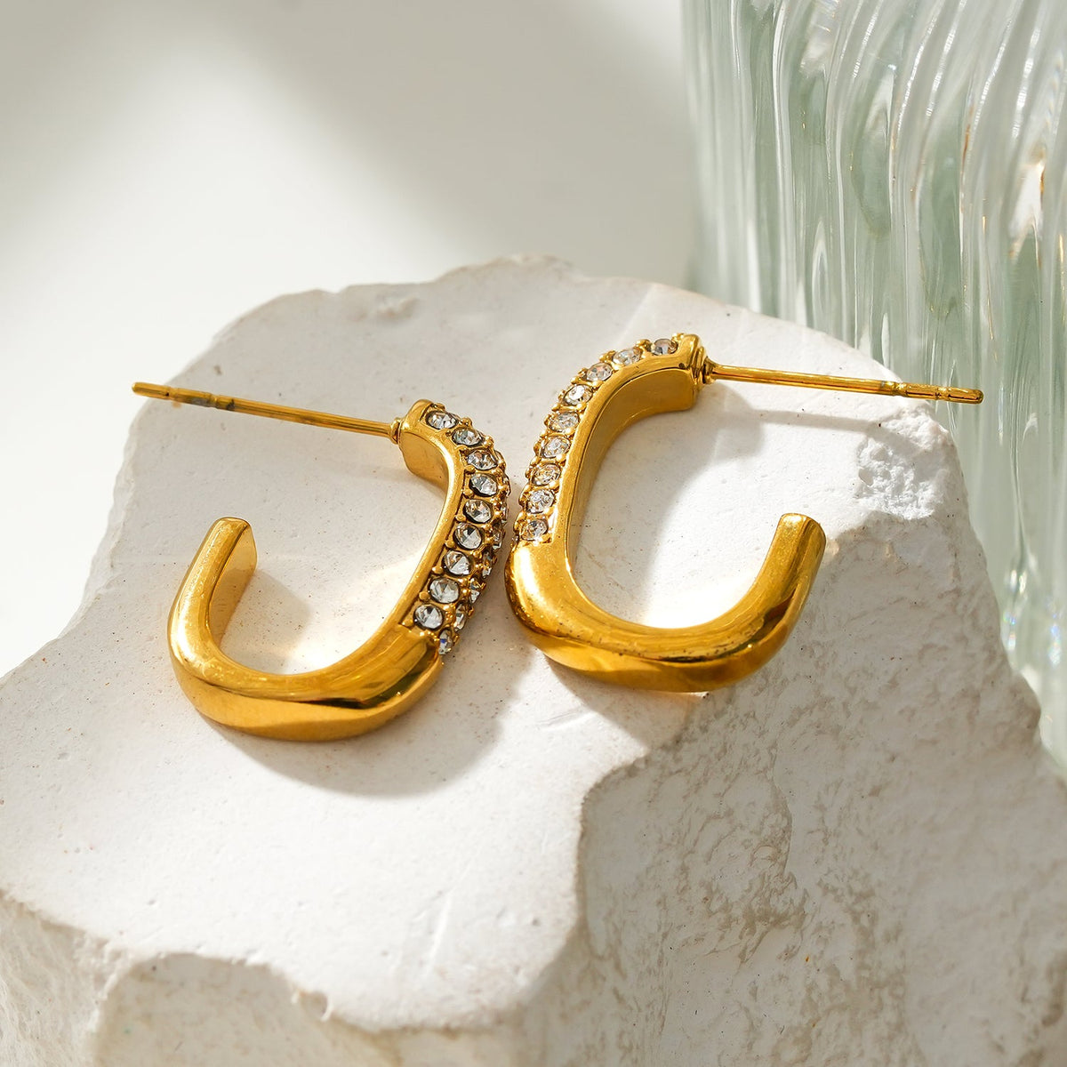 FIRLE Gold: Partial Pavé Zirconia Oval Hoop Earrings