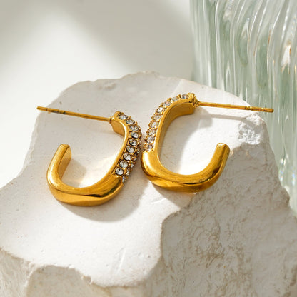 FIRLE Gold: Partial Pavé Zirconia Oval Hoop Earrings