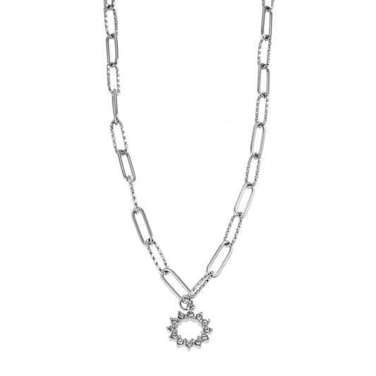 FRETTA: Radiant Star Shaped Pendant Zirconia Paper-Clip Chain Necklace in White Gold (Silver Toned)
