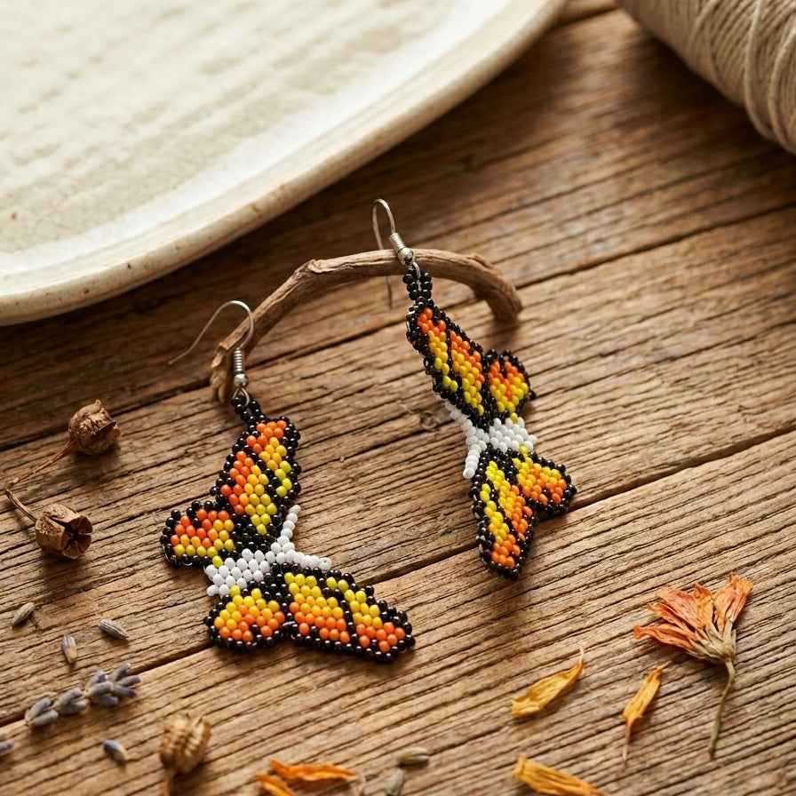 White Orange butterfly Beaded Earrings