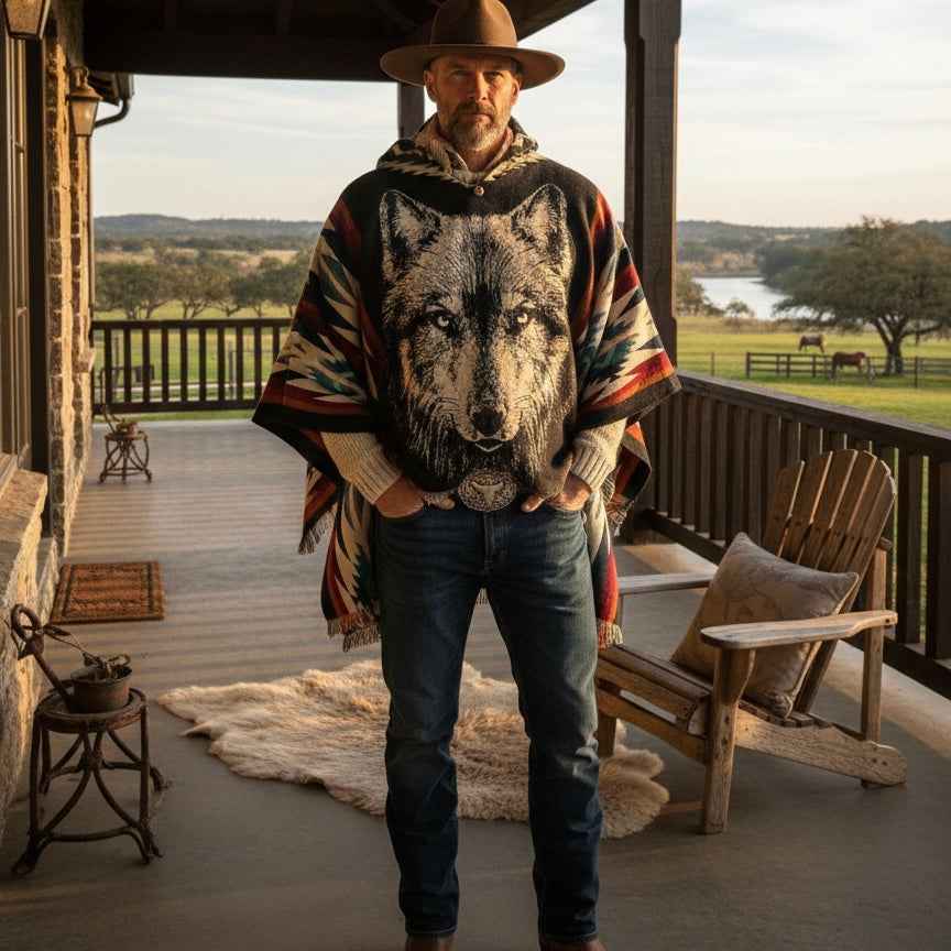 Lonely Wolf  HandMade Wool Poncho ( black)