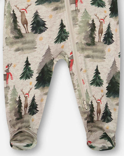 Organic Cotton One Piece Pajama Gray Mix Printed Reindeer