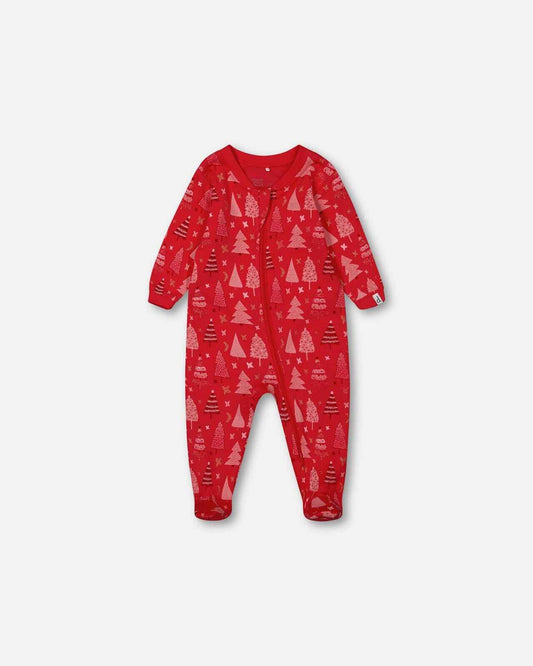 Organic Cotton One Piece Pajama Red Printed Christmas Tree