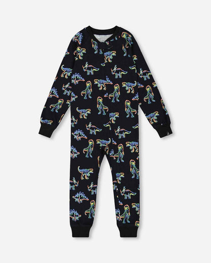 Organic Cotton One Piece Pajama Black Printed Neon Dino
