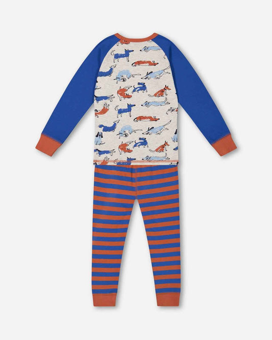 Organic Cotton Two Piece Pajama Set Blue And Orange Stripe