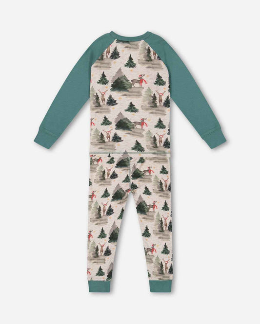 Organic Cotton Two Piece Pajama Set Gray Mix And Green Printed Reindeer