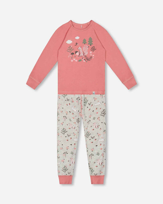 Organic Cotton Two Piece Pajama Set Beige Mix Printed Squirrel