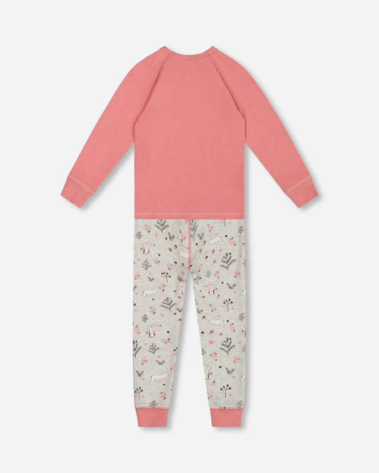Organic Cotton Two Piece Pajama Set Beige Mix Printed Squirrel