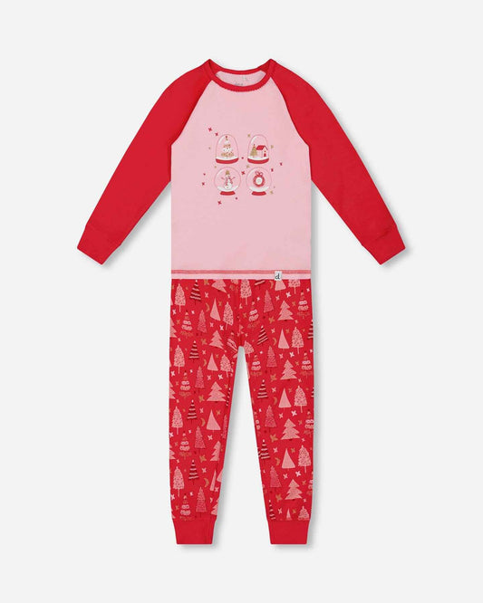 Organic Cotton Two Piece Pajama Set Red Printed Christmas Tree