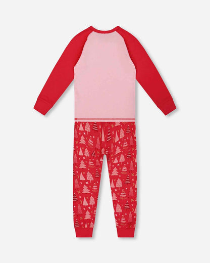Organic Cotton Two Piece Pajama Set Red Printed Christmas Tree
