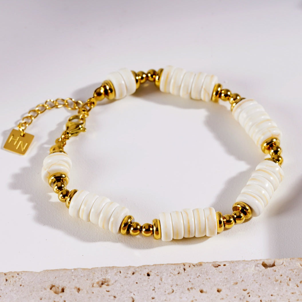 Style GODIVA: White Turquoise Stone & Gold Beaded Modern Boho Bracelet