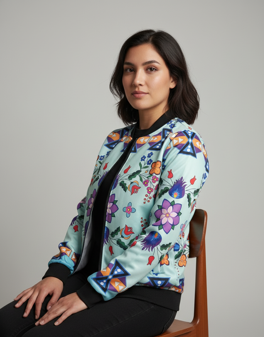 Light Turquoise Floral Sky Bomber Jacket
