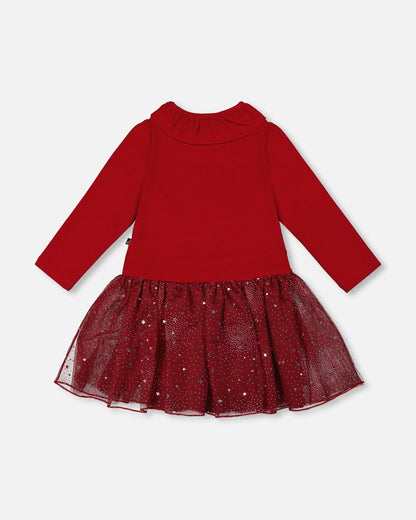 Bi-Material Dress With Glittering Skirt Red