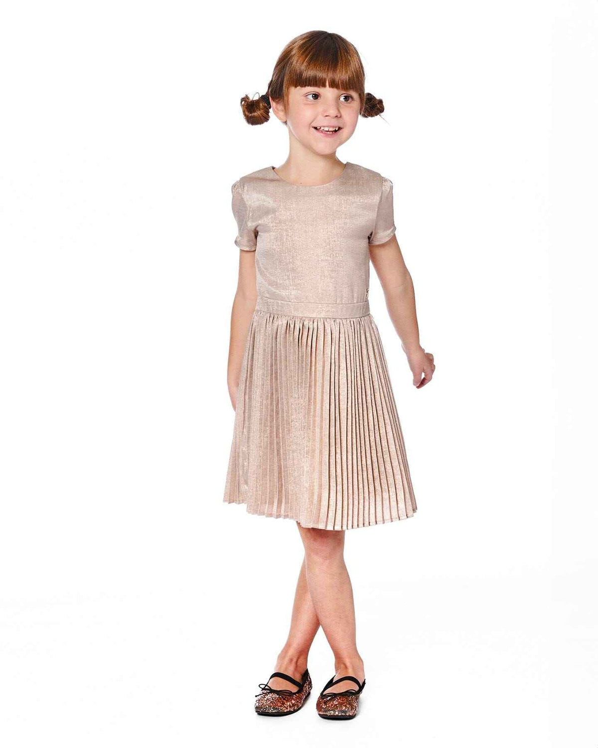 Short Sleeve Dress With Pleated Skirt Light Caramel